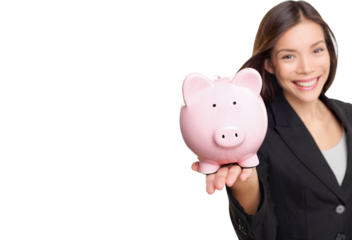 Woman holding piggy bank. Savings and banking concept with happy businesswoman smiling woman holding pink piggy bank on the palm of her hand conceptual of investment and savings with focus on the pig.