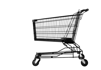 side view black metal shopping cart or trolley on clear isolated background for montage product in side basket for buy and sell business concept