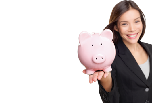 Woman holding piggy bank. Savings and banking concept with happy businesswoman smiling woman holding pink piggy bank on the palm of her hand conceptual of investment and savings with focus on the pig.