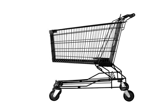 side view black metal shopping cart or trolley on clear isolated background for montage product in side basket for buy and sell business concept