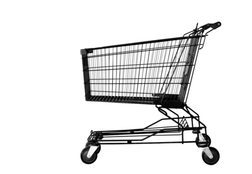side view black metal shopping cart or trolley on clear isolated background for montage product in side basket for buy and sell business concept