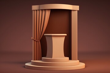 podium stand for product displays with a brown background and a curtain. Generative AI