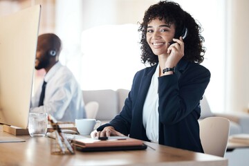 Crm, call center and black woman portrait of a lead generation worker on a office call. Customer...