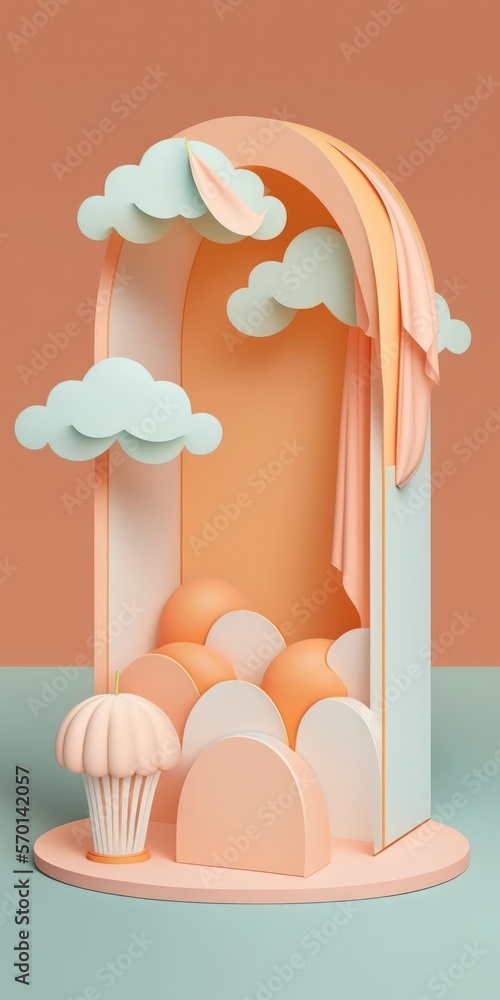 Poster mock podium with an arch in the mists or clouds with a peach color scheme. for the display of a prod