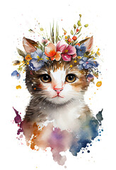 Watercolor cute hand drawn Cat, kitten in floral wreath, flowers bouquet, generative ai, png transparent background.