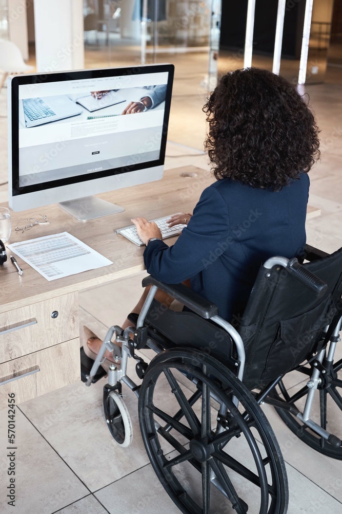 Poster Business woman, wheelchair and disability of a database administrator working on a computer. Office, disabled employee back and website data reading of a female typing a digital web strategy