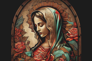 Beautiful lady of guadalupe mexico saint holy faith, illustration vintage silkscreen style poster. Generative AI - obrazy, fototapety, plakaty