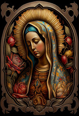 Beautiful lady of guadalupe mexico saint holy faith, illustration vintage silkscreen style poster. Generative AI