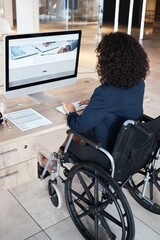 Business woman, wheelchair and disability of a database administrator working on a computer....