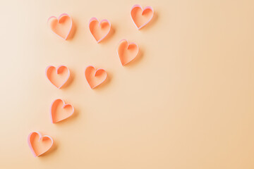 Happy Valentines Day. Top view flat lay pink ribbon heart shaped decorative symbol on pastel background, love romance concept, template banner design with copy space, Mother, Woman day