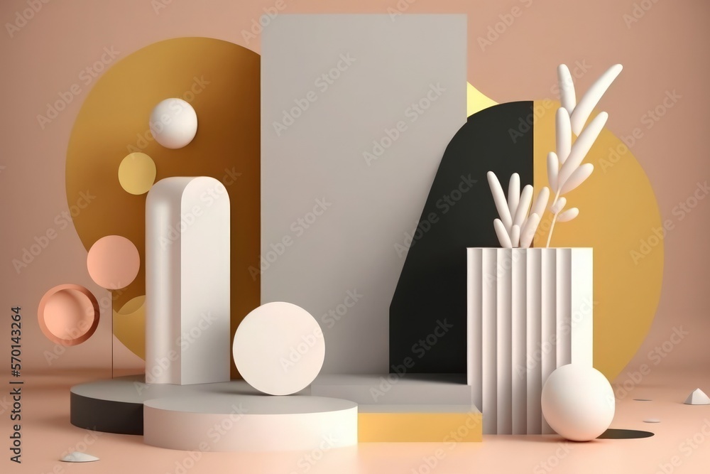 Poster studio with a podium on the floor and geometric shapes. presentation platforms and mock up backgroun
