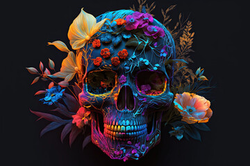 skull in colors with neon multicolored light on a dark background. Generative AI