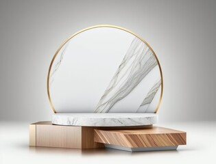 Marble podium and wood on white backdrop for montage product display. illustration Generative AI