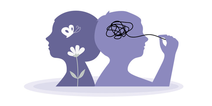 Silhouette of a child girl and a boy in mental health children awareness concept, flat vector illustration.
