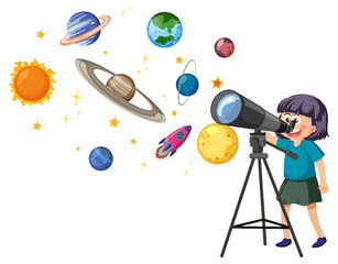 Little girl observing the sky with a telescope