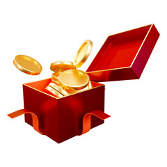 Open gift surprise boxes with coins 3d rendering illustration