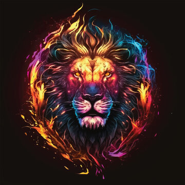 Lion face watercolor colorful vector illustration, Artistic, neon color, abstract portrait of a lion face on a dark blue background with watercolor.