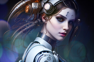 Beautiful Woman White Cyborg Robot Body with Tubes and Tenticles Portrait Generative AI illustration