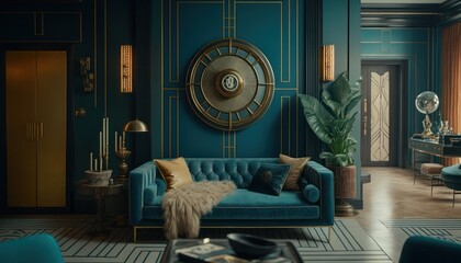 Cozy Beautiful Art deco-inspired lounge Interior Design for Your Home: Bold, Colorful, and Unique Style for Room Renovations, Furniture, and Architecture (generative AI)