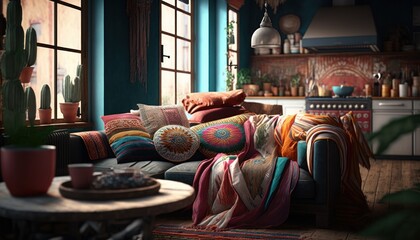 Cozy Beautiful Boho chic with colorful textiles Interior Design for Your Home: Bold, Colorful, and Unique Style for Room Renovations, Furniture, and Architecture (generative AI)