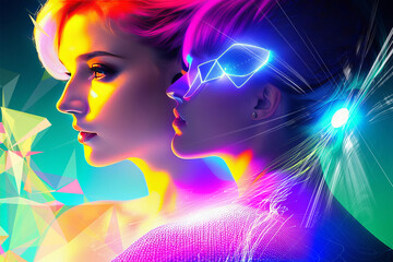 Portrait of Two Woman Yellow Purple Blue Green Energy Lines Polygon Shapes Neon Light Background Wallpaper Generative AI illustration