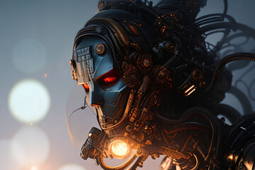 Fototapeta na wymiar Robot Cyborg Dark Metal Glowing Red Eye Cyberpunk Tubes and Pipes Mechanical Generative AI Illustration