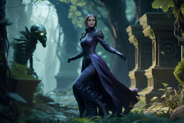 Naklejka premium Woman In Black Leather Tree Filled Forest with Monster in Background Gothic Horror Generative AI illustration