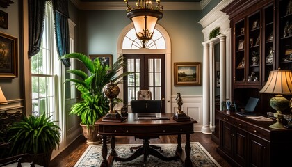 Cozy Beautiful Colonial plantation-style home office Interior Design for Your Home: Bold, Colorful, and Unique Style for Room Renovations, Furniture, and Architecture (generative AI)