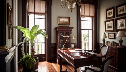 Cozy Beautiful Colonial plantation-style home office Interior Design for Your Home: Bold, Colorful, and Unique Style for Room Renovations, Furniture, and Architecture (generative AI)