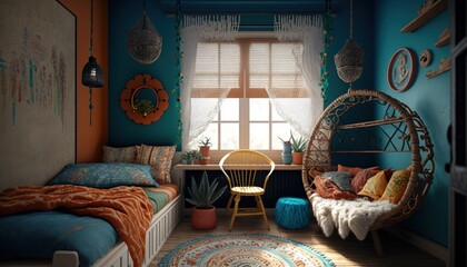 Cozy Beautiful Colorful boho-chic kid's room Interior Design for Your Home: Bold, Colorful, and Unique Style for Room Renovations, Furniture, and Architecture (generative AI)