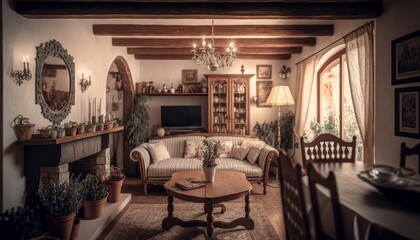 Cozy Beautiful Country chic Interior Design for Your Home: Bold, Colorful, and Unique Style for Room Renovations, Furniture, and Architecture (generative AI)