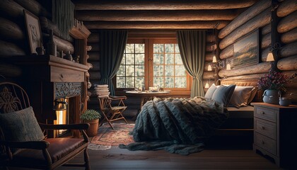 Fototapeta na wymiar Cozy Beautiful Cozy cabin-style bedroom Interior Design for Your Home: Bold, Colorful, and Unique Style for Room Renovations, Furniture, and Architecture (generative AI)