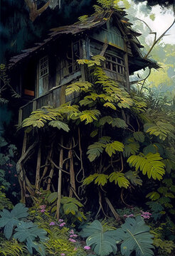 Cabane abandonn&eacute;e envahie par la v&eacute;g&eacute;tation