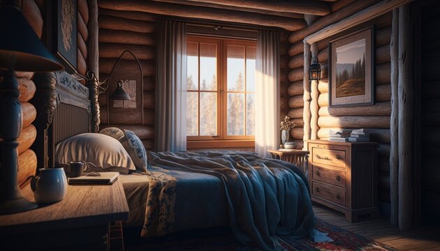 Cozy Beautiful Cozy cabin-style bedroom Interior Design for Your Home: Bold, Colorful, and Unique Style for Room Renovations, Furniture, and Architecture (generative AI) © Get Stock