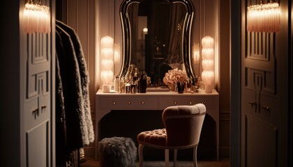 Cozy Beautiful Glamorous Hollywood-style dressing room Interior Design for Your Home: Bold, Colorful, and Unique Style for Room Renovations, Furniture, and Architecture (generative AI)