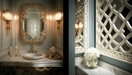 Cozy Beautiful Glamorous powder room with mirrored walls Interior Design for Your Home: Bold, Colorful, and Unique Style for Room Renovations, Furniture, and Architecture (generative AI)
