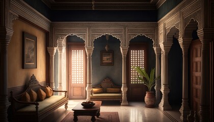 Cozy Beautiful Indian palace-style den Interior Design for Your Home: Bold, Colorful, and Unique Style for Room Renovations, Furniture, and Architecture (generative AI) - obrazy, fototapety, plakaty