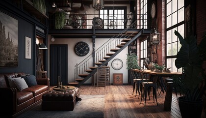 Cozy Beautiful Industrial chic Interior Design for Your Home: Bold, Colorful, and Unique Style for Room Renovations, Furniture, and Architecture (generative AI)