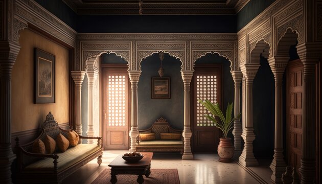 Cozy Beautiful Indian Palace-style Den Interior Design For Your Home: Bold, Colorful, And Unique Style For Room Renovations, Furniture, And Architecture (generative AI)