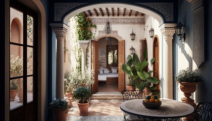 Fototapeta na wymiar Cozy Beautiful Mediterranean-style terrace Interior Design for Your Home: Bold, Colorful, and Unique Style for Room Renovations, Furniture, and Architecture (generative AI)