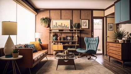 Cozy Beautiful Mid-century modern living room Interior Design for Your Home: Bold, Colorful, and Unique Style for Room Renovations, Furniture, and Architecture (generative AI)