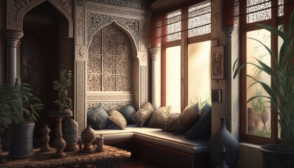 Cozy Beautiful Middle Eastern influenced spaces Interior Design for Your Home: Bold, Colorful, and Unique Style for Room Renovations, Furniture, and Architecture (generative AI)