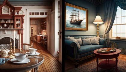 Cozy Beautiful Nautical themed rooms Interior Design for Your Home: Bold, Colorful, and Unique Style for Room Renovations, Furniture, and Architecture (generative AI)