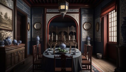 Fototapeta na wymiar Cozy Beautiful Opulent Chinese Imperial Palace-Inspired Dining Room Interior Design for Your Home: Bold, Colorful, and Unique Style for Room Renovations, Furniture, and Architecture (generative AI)