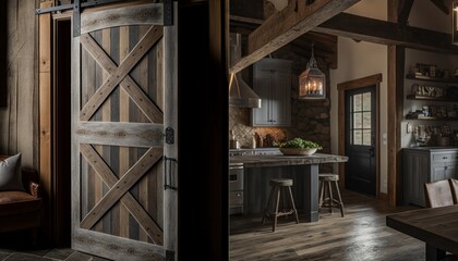 Fototapeta na wymiar Cozy Beautiful Rustic barn door with metal accents Interior Design for Your Home: Bold, Colorful, and Unique Style for Room Renovations, Furniture, and Architecture (generative AI)