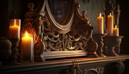Fototapeta na wymiar Cozy Beautiful Traditional fireplace mantel with candles Interior Design for Your Home: Bold, Colorful, and Unique Style for Room Renovations, Furniture, and Architecture (generative AI)
