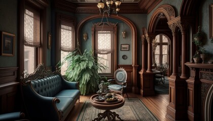Fototapeta na wymiar Cozy Beautiful Victorian-era parlor Interior Design for Your Home: Bold, Colorful, and Unique Style for Room Renovations, Furniture, and Architecture (generative AI)