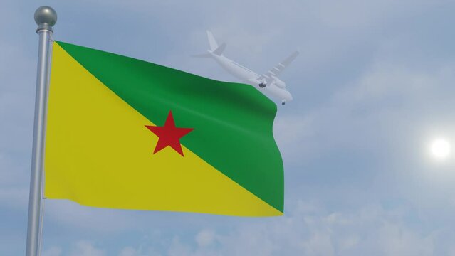 Animation Seamless Looping National Flag with Airplane  -French Guiana