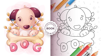 Coloring book cartoon character adorable dog, pretty animal idea for print t-shirt, poster and kids envelope, postcard. Cute hand drawn style pet