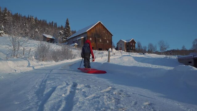 Little boy pulls a sleigh on a Christmas day in winter in Norway